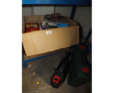 A BOX OF TOOLS TO INCLUDE A CAR POLISHER, CASED BOSCH DRILL, POWER DEVIL SPRAY GUN ETC