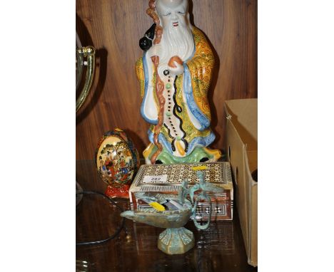 AN UNUSUAL SMALL ISRAELI  CAST LAMP, ORIENTAL FIGURE, INLAID LIDDED BOX ETC. (4)