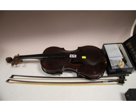 A VINTAGE ONE PIECE BACK VIOLIN A/F WITH TWO BOWS AND A BOX OF VIOLIN PARTS