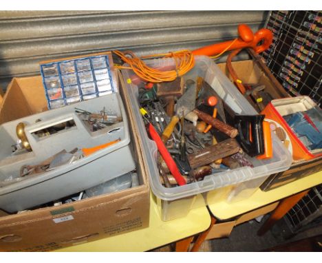 THREE BOXES OF VARIOUS HAND TOOLS ETC PLUS AN ELECTRIC STRIMMER