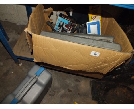A BOX OF TOOLS TO INCLUDE CASED WRENCHES, AIR BRUSH KIT