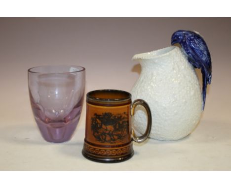 AN EL UNICORN GLASS VASE, VICTORIAN BIRD JUG AND A VINTAGE MUG (3)