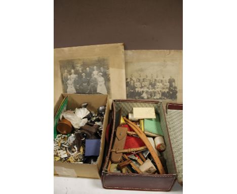 A VINTAGE SUITCASE AND CONTENTS TOGETHER WITH TWO WAR TIME PICTURES TOGETHER WITH A BOX OF ASSORTED COLLECTABLES TO INCLUDE A