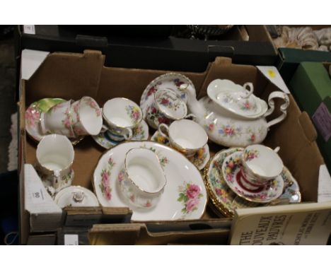 A TRAY OF ASSORTED ROYAL ALBERT CHINA TO INCLUDE COUNTRY FAYRE SERIES CUPS AND SAUCERS, COLLEEN TEAPOT ETC.
