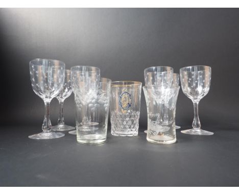 A set of seven late 19th century star engraved and cut white wines, a pair of cut and enamelled, a cut tumbler and a "Scottis