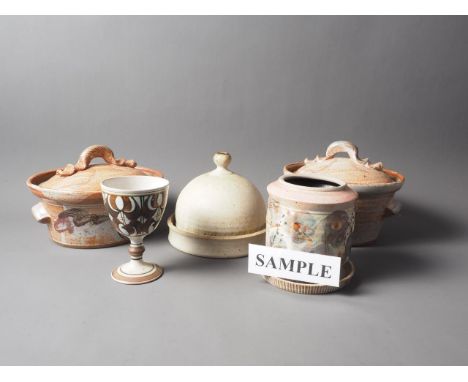 An Alan Caiger-Smith studio pottery goblet, 5 3/8" high, a pair of studio pottery tureens, a muffin dish and various other st