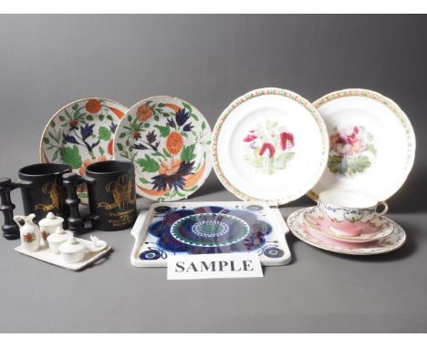Two 19th century Minton plates with floral decoration, 9" dia, a similar pair of plates, an Aynsley trio with floral swag and