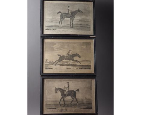 Three 18th century prints of racehorses and riders, in ebonised strip frames, and a 19th century photograph of a polo player
