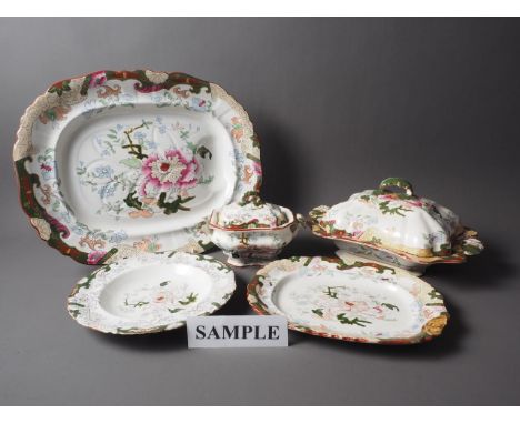 A 19th century Ashworth Bros part dinner service, comprising two tree well platters, 17" wide, two small tureens, a larger tu