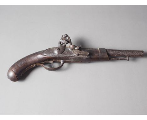 An 18th century holster Flintlock pistol, barrel 9" long (barrel pitted and rusted), a brass mounted Flintlock pistol of 18th