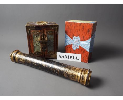 A Chinese hardwood and brass bound miniature cabinet with carved hardstone panels, 7" high, a Chinese porcelain cushion, a la