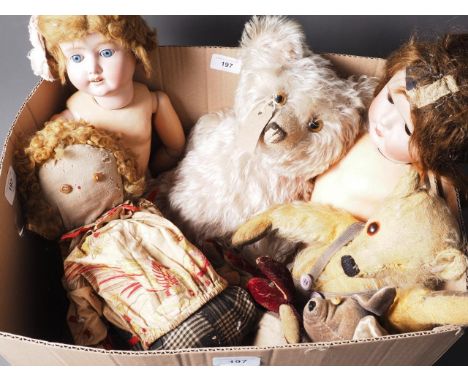 An early 20th century dyed pink mohair full jointed model teddy bear, 17" high overall, another mohair teddy, a Simon & Halbi