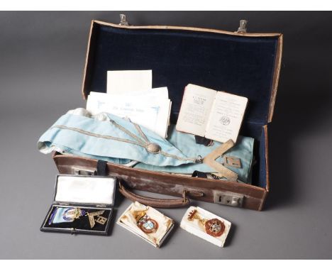 A Masons case, apron, three jewels, etc, Campanile Lodge 5507