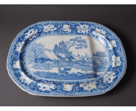 An early 19th century Rogers blue and white "Fallow Deer" pattern platter, 20 1/2" wide&nbsp;(chips to base), and a&nbsp;late