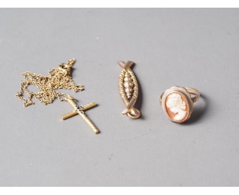 A 9ct gold pendant brooch (damaged), a 9ct gold cameo ring, 5.7g gross, and a yellow metal crucifix on chain