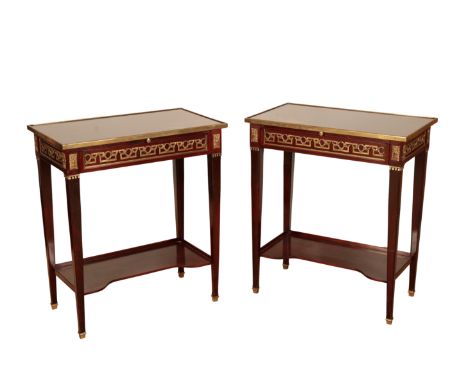 A PAIR OF EMPIRE STYLE MAHOGANY AND GILT METAL MOUNTED SIDE TABLES by Maison Taillardat, of recent manufacture, both with a l