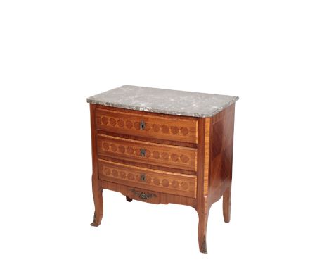 A LOUIS XVI STYLE KINGWOOD PARQUETRY AND MARBLE TOPPED COMMODE, the Dove Grey and striated white marble top with bow front, a