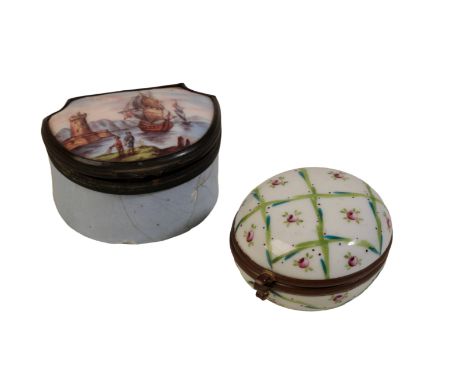 AN ENAMEL PATCHBOX, 18th century of cartouche shape, the cover painted with a sailing barque and figures in a harbour, 5cm; a