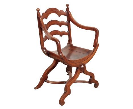 A LATE 19TH CENTURY WALNUT ARMCHAIR with ladder back, on shaped legs joined by an x-framed stretcher, 85cm high