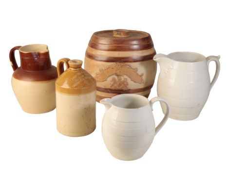 A STONEWARE FLAGON stamped 'Weston Super Mare', and a collection of ceramic jugs (5)