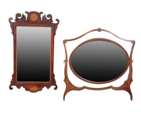 A CARVED MAHOGANY WALL MIRROR 67cm high, and a mahogany and marquetry dressing mirror, 56cm high (2)