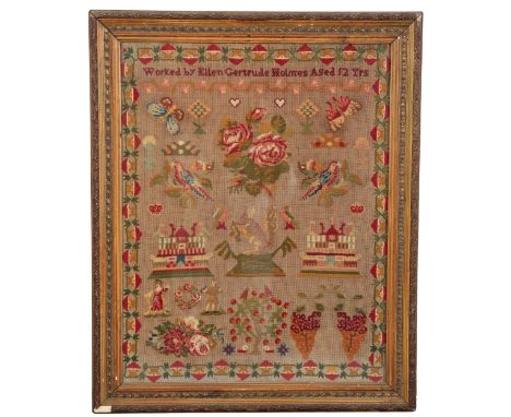 A 19TH CENTURY SAMPLER in a giltwood frame, 59cm high x 46cm wide, and two smaller samplers (3)