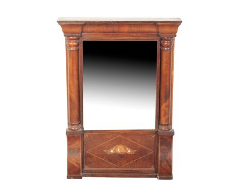 A RESTAURATION MAHOGANY PIER MIRROR the moulded cornice above a plate flanked by two half columns, with frieze below, 86cm hi