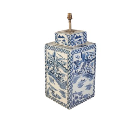 A CHINESE BLUE AND WHITE VASE AND COVER purchased from&nbsp;Jonathan Sainsbury Ltd,&nbsp;fitted as a lamp, with scenes of fig