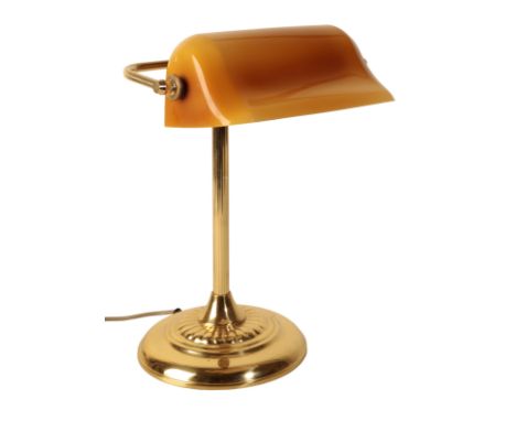 A LIBRARY TABLE LAMP with an opaline glass shade supported on a fluted columnar stem, 38cm high
