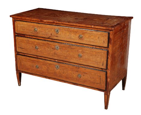 AN ITALIAN WALNUT MARQUETRY COMMODE probably Milan, late 18th century, the rectangular top with floral sprays, above three dr