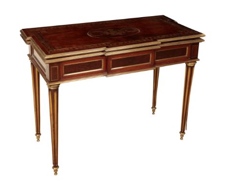 AN EMPIRE STYLE MAHOGANY AND BRASS INLAY BREAKFRONT CARD TABLE the hinged top opening to reveal a baize lined interior, on fl