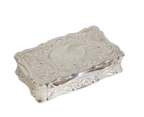 A VICTORIAN SILVER SNUFF BOX with engraved decoration, hallmarked "Birmingham 1864", the hinged lid cartouch inscribed " J Li