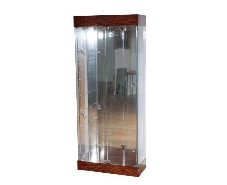 A CONTEMPORARY GLASS DISPLAY CABINET with a mirrored back and internal lighting, 200cm high x 84cm wide x 38cm deep