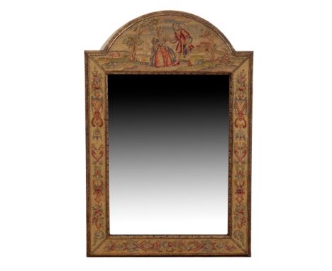 A PARCEL-GILT AND WOOLWORK FRAMED WALL MIRROR 76cm high x 52cm wide