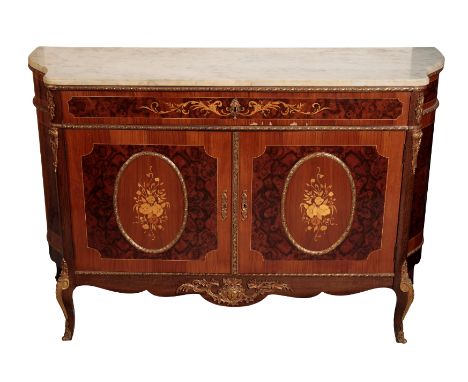 A MARQUETRY, GILT METAL AND MARBLE MOUNTED COMMODE IN LOUIS XV TASTE, 20th century, the drawer, twin panel doors and serpenti