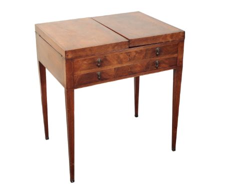 A GEORGE III MAHOGANY ENCLOSED DRESSING TABLE, the rectangular top opening to reveal a folding mirror and six lidded compartm