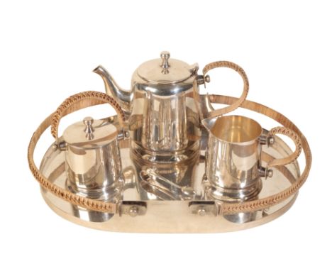 A 20TH CENTURY SILVER PLATED TEA SET by Ralph Lauren, consisting of a teapot, sugar basin, cream jug and tray, of tapering cy