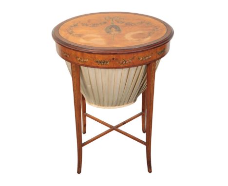A SATINWOOD, MAHOGANY AND PAINTED SEWING TABLE 19th century, the satinwood and cross banded top painted with a central portra