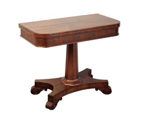 A WILLIAM IV ROSEWOOD CARD TABLE the hinged rectangular top with green baize lined interior, on a faceted tapering stem joini