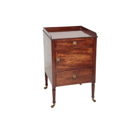 AN EARLY 19TH CENTURY MAHOGANY NIGHT COMMODE, circa 1810 and later adapted, the rectangular top with three quarter gallery; t