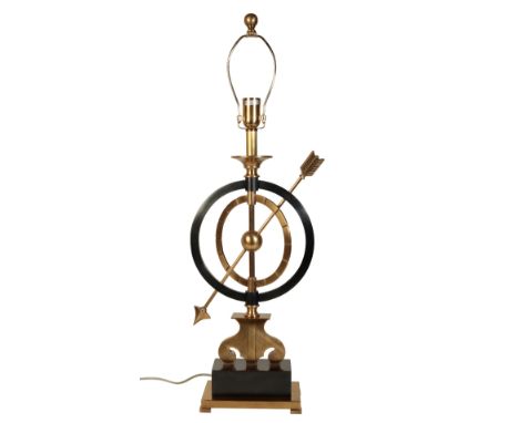 AN ARMILLARY TABLE LAMP with an arrow piercing the central orb, on a pedestal base, 57cm high to the top of the sconceProvena