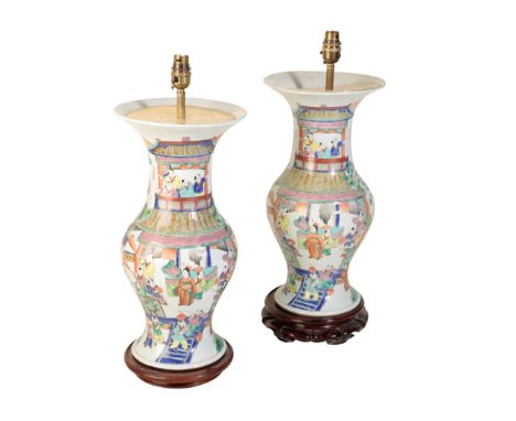 A GROUP OF SIX CHINESE VASE LAMP BASES all with hardwood stands, the tallest pair 60cm overall (6)
