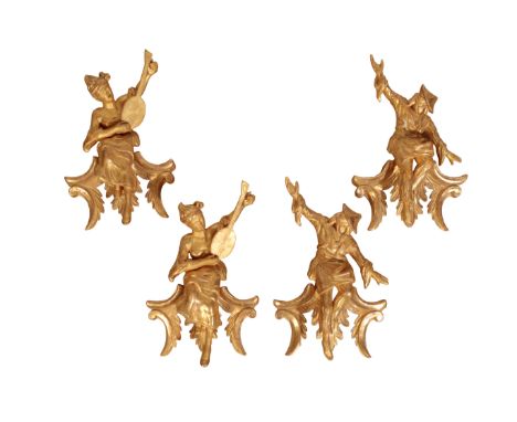 A GROUP OF FOUR GILTWOOD FIGURAL WALL MOUNTS by&nbsp;Jonathan Sainsbury Ltd,&nbsp;of recent manufacture,&nbsp;in Chinese Chip