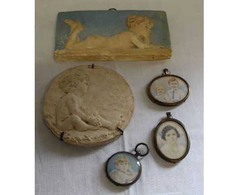 Set of 3 early 20th century Atter family portrait miniatures (1 in silver pocket watch case) &amp; 2 plaster portrait plaques