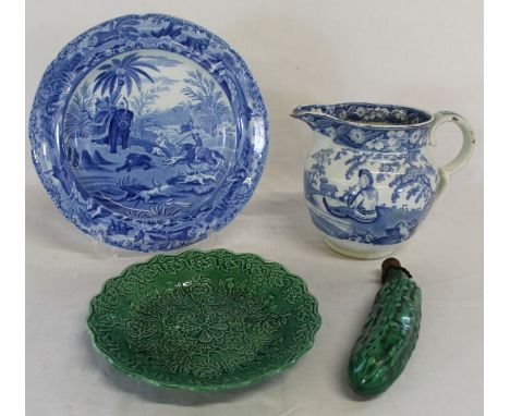 Spode blue &amp; white plate "Death of the Bear", Don Pottery 8" green plate, majolica gourd / cucumber &amp; blue and white 