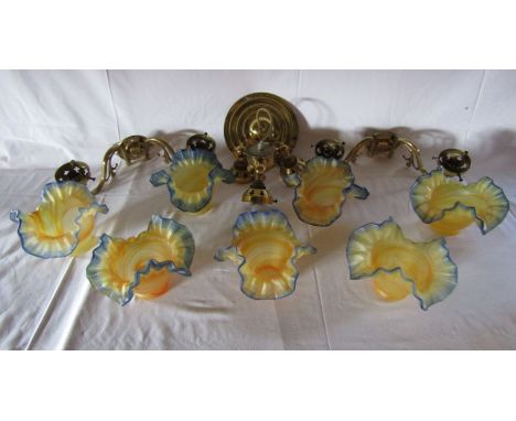 Ceiling light and 2 sconces with blue and yellow glass shades