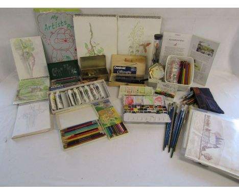 Collection of art materials and artwork to include an Osmiroid pen