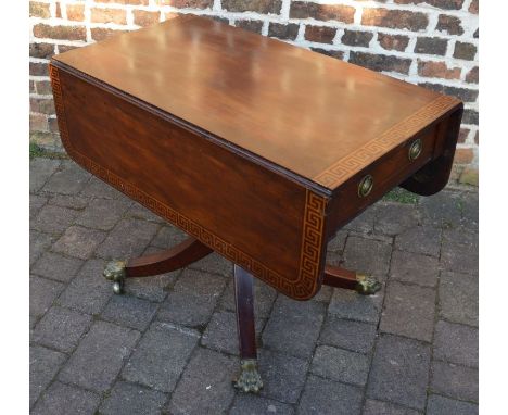 Regency pedestal sofa table with Greek key parquetry, sabre legs &amp; brass hairy paw feet