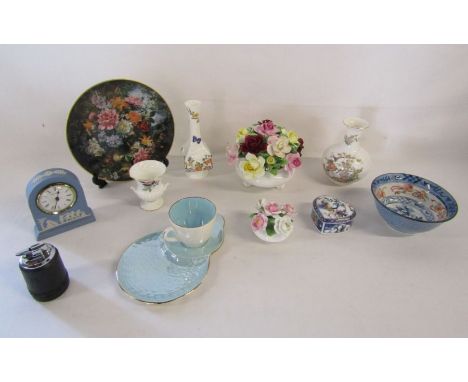 Mixed collection of ceramics to include Wedgwood black lighter and blue jasper clock, Royal Doulton plate, Aynsley and Japane