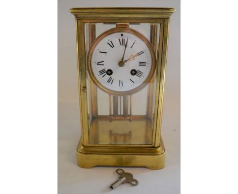 French brass &amp; glass bell strike mantel clock Ht 26cm W 15cm D 13cm